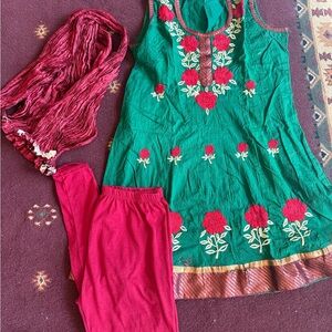 Girls Green & Red Floral Embroidered Indian Suit
